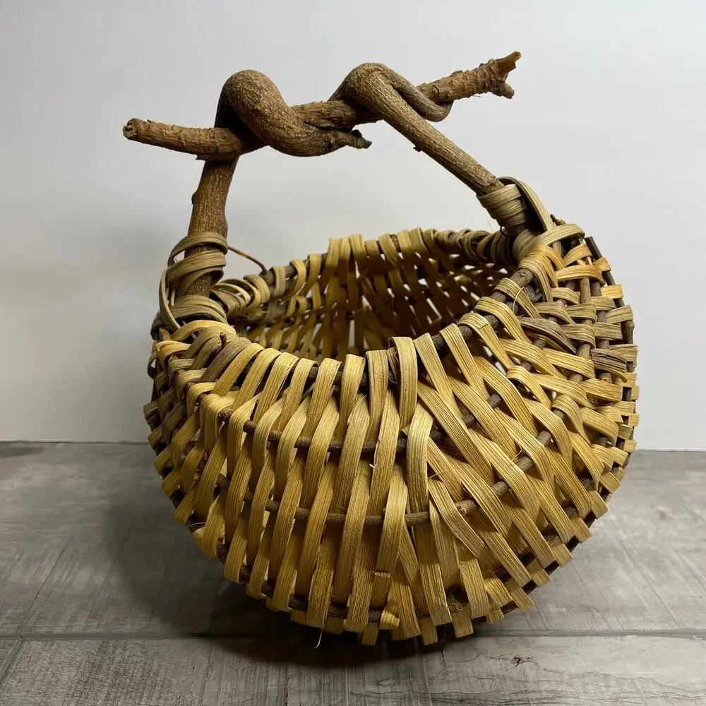 Vintage Buttocks Woven Basket Unique Natural Curly Branch Handle